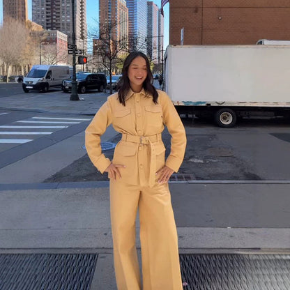 Women's Tailored Utility Jacket in Safari Style with Wide Tie Belt and Flap Pockets