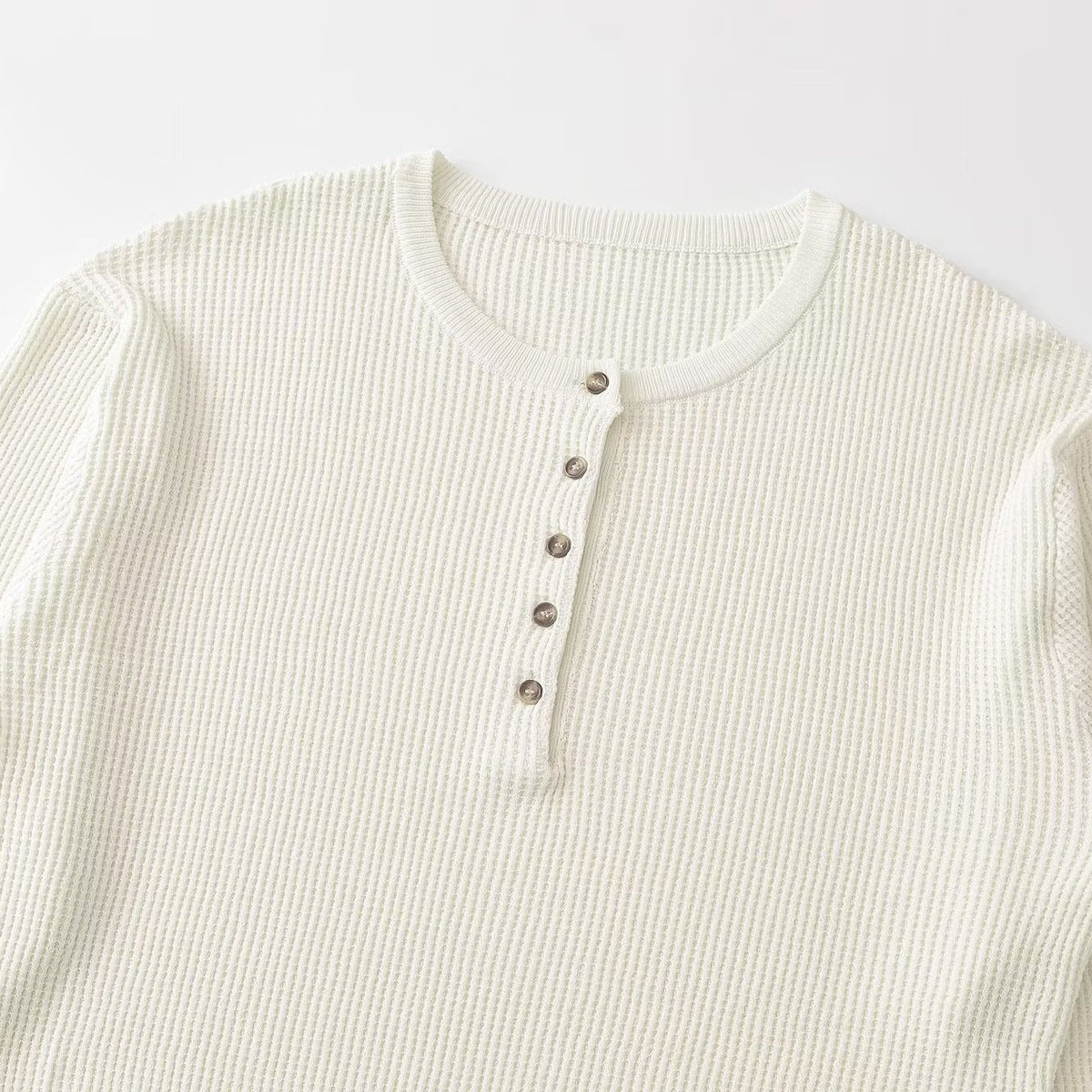 Women Thick Knit Waffle Knit Sweater with Henley Placket EVA-US