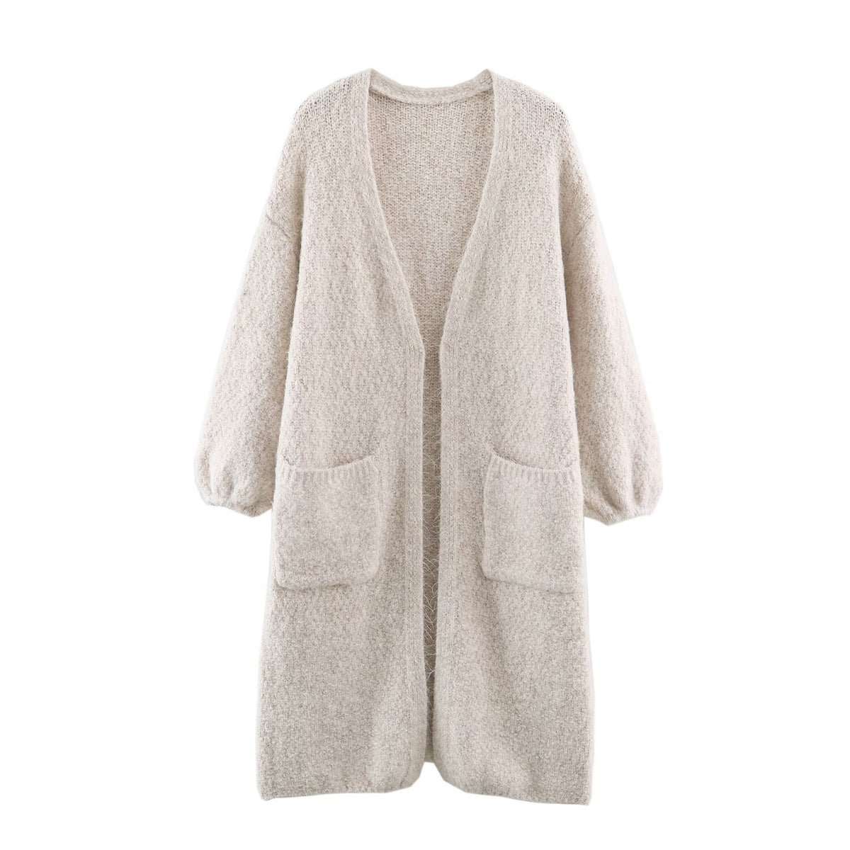 Women's Oversized Knit Coat with V-Neck, Cozy Boucle Look and Patch Pockets EVA-US