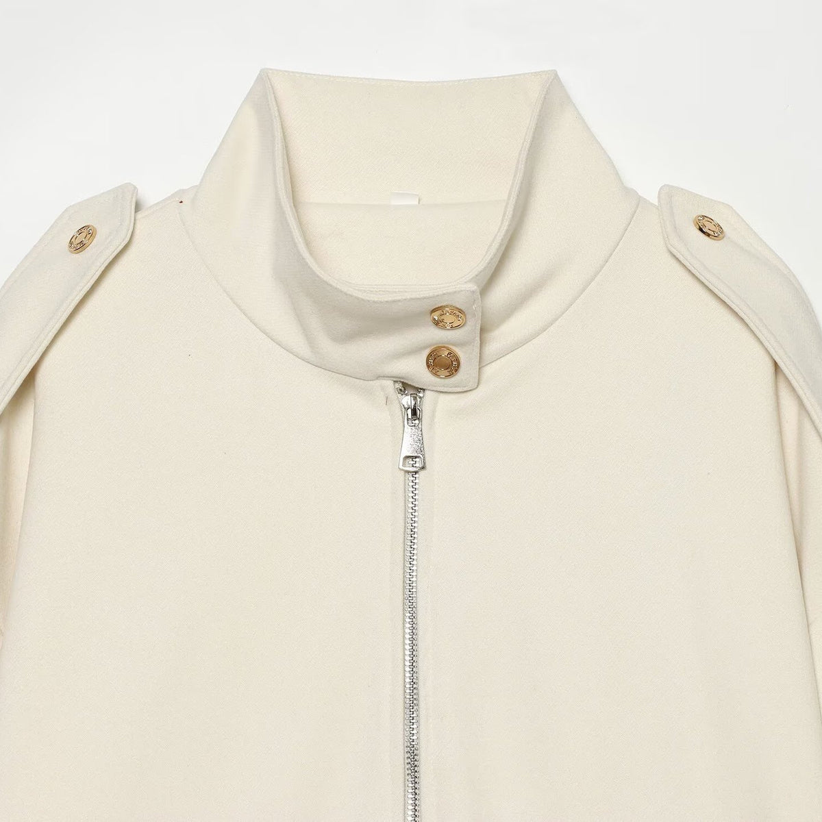 Women Cropped Utility Jacket with high collar, shoulder epaulettes and flap pockets
