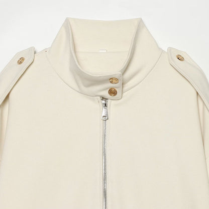 Women Cropped Utility Jacket with high collar, shoulder epaulettes and flap pockets
