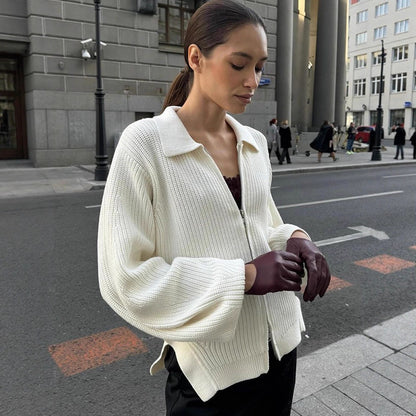 Women's Ribbed Cardigan with Zipper, Shirt Collar & Balloon Sleeves EVA-US