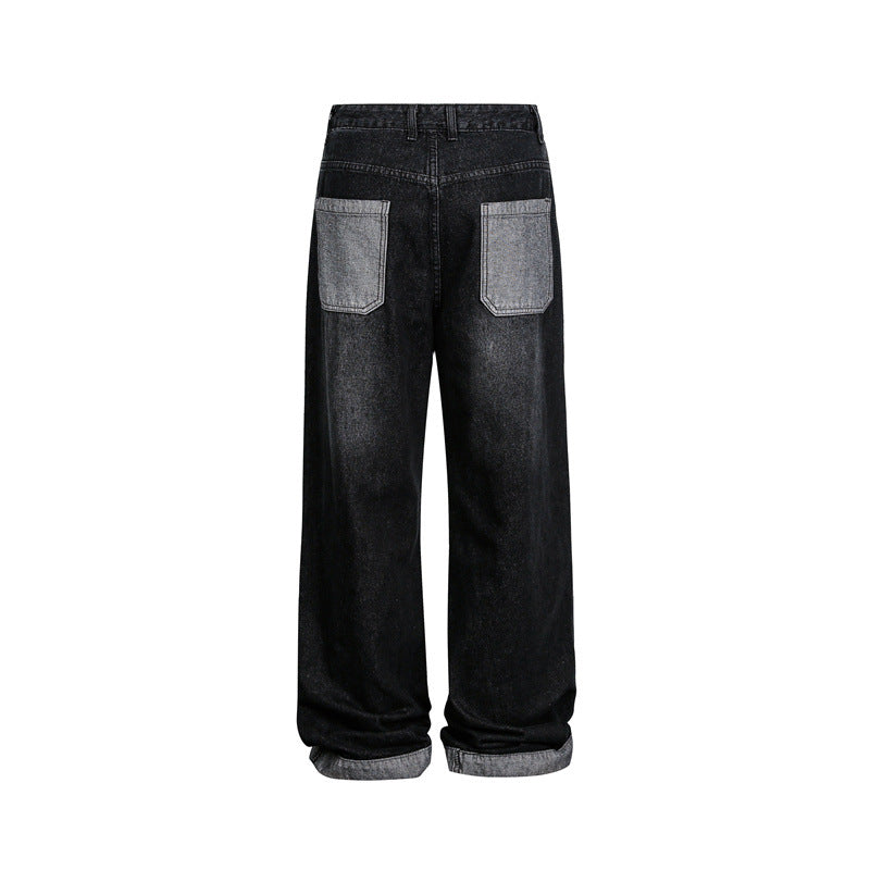 Unisex Wide Baggy Denim Pants with High Waist and Contrasting Pockets EVA-US