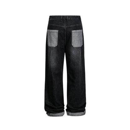 Unisex Wide Baggy Denim Pants with High Waist and Contrasting Pockets EVA-US