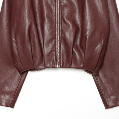 Women Cropped Faux Leather Jacket with High Collar, Oversized Sleeves and Tailored Waist EVA-US