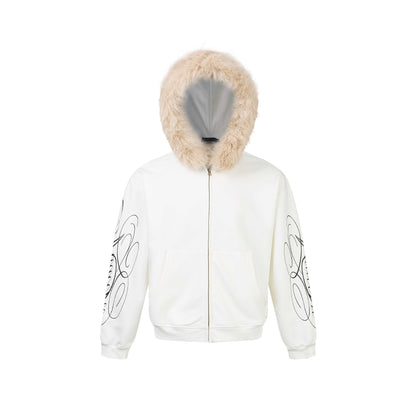 Unisex Oversize Hoodie Jacket made of cotton blend with removable faux fur trim and graphic sleeve prints EVA-US