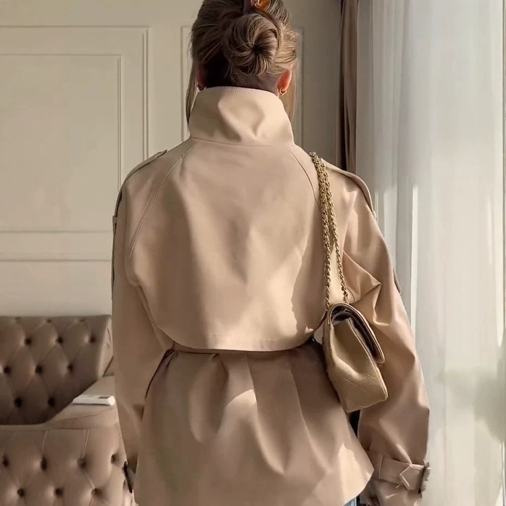 Women's Short Boxy Trench Coat with High Standing Collar, Double-Breasted Front & Waist Belt EVA-US