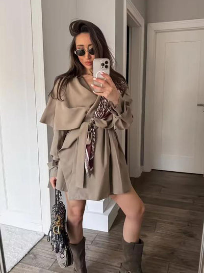 Women's Short Asymmetrical Wrap Coat with Ruffle Overlay and Tie Belt EVA-US