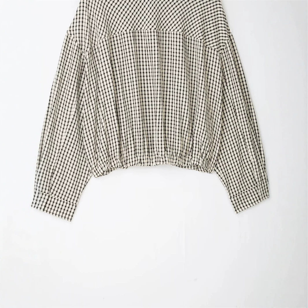 Women’s short-cut checked blouson jacket with stand-up collar, elastic hem, and concealed zipper EVA-US