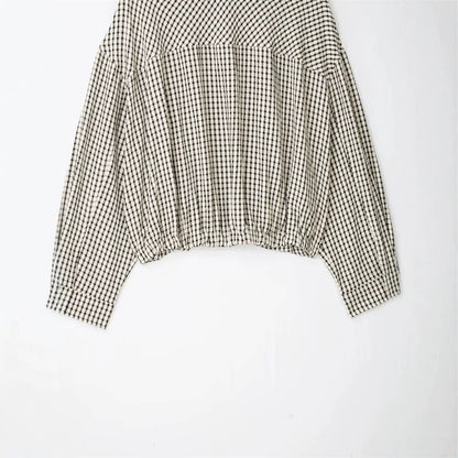Women’s short-cut checked blouson jacket with stand-up collar, elastic hem, and concealed zipper EVA-US