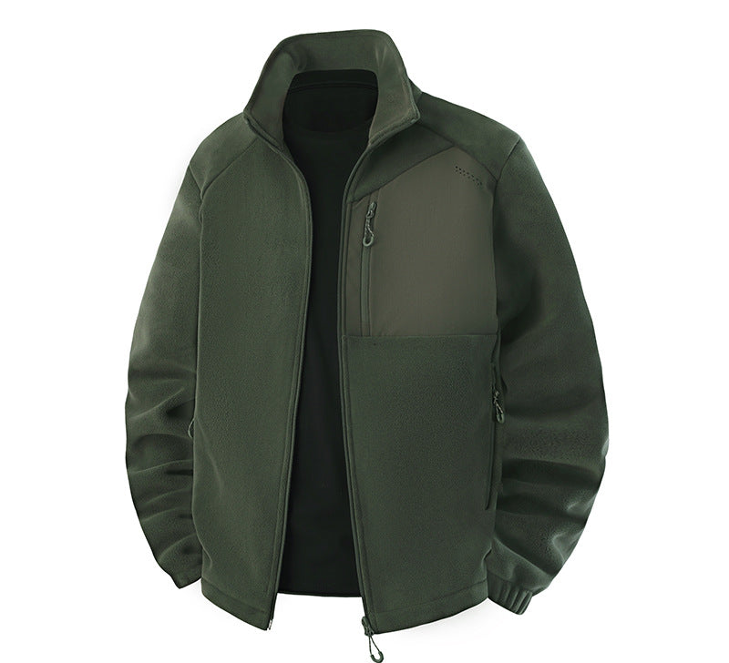 Men's hybrid fleece jacket with softshell inserts, chest zipper pocket, and two-way front zipper EVA-US