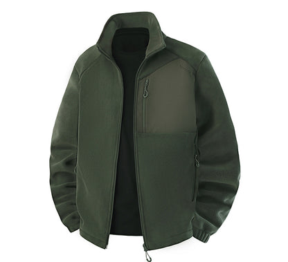 Men's hybrid fleece jacket with softshell inserts, chest zipper pocket, and two-way front zipper EVA-US