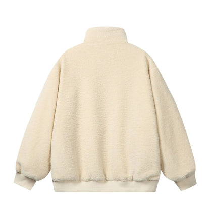 Unisex Sherpa fleece jacket in boxy cut with stand-up collar, block stripes and embroidery details EVA-US