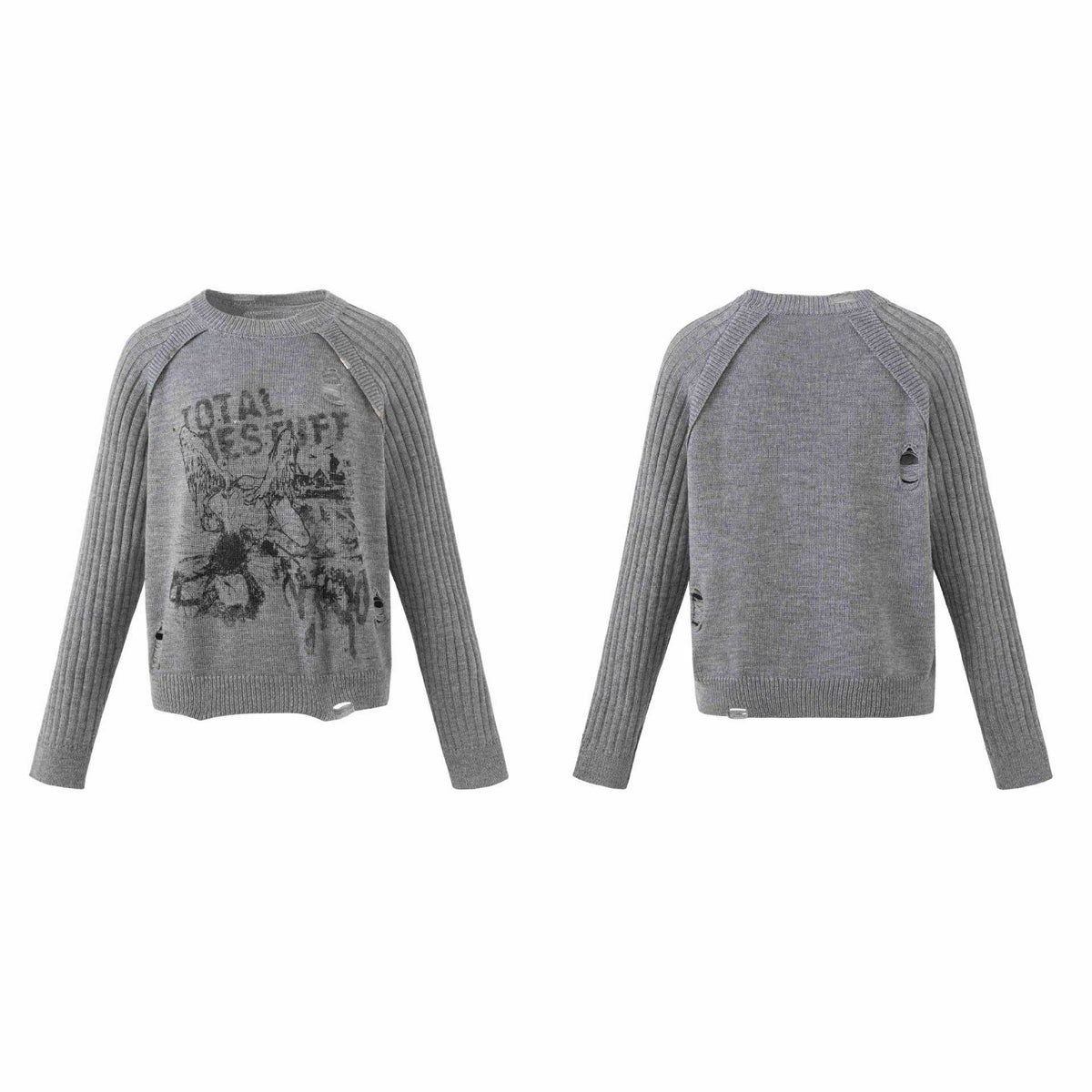 Women's Chunky Knit Distressed Raglan Sweater with Retro Graphic Print EVA-US