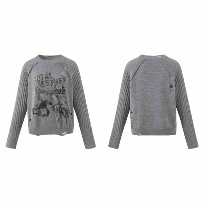 Women's Chunky Knit Distressed Raglan Sweater with Retro Graphic Print EVA-US