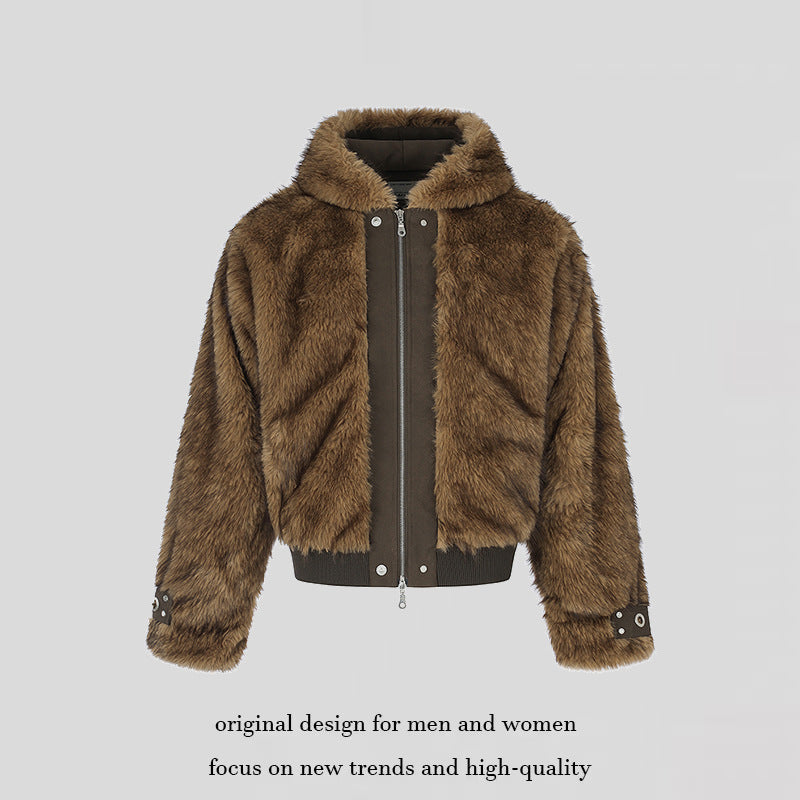 Ladies short cut hooded bomber jacket made of faux fur with ribbed cuffs and two-way zipper EVA-US