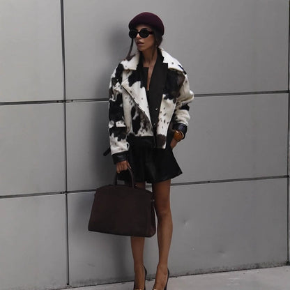 Women short padded biker jacket made of faux fur in cow print with contrast leather trim EVA-US