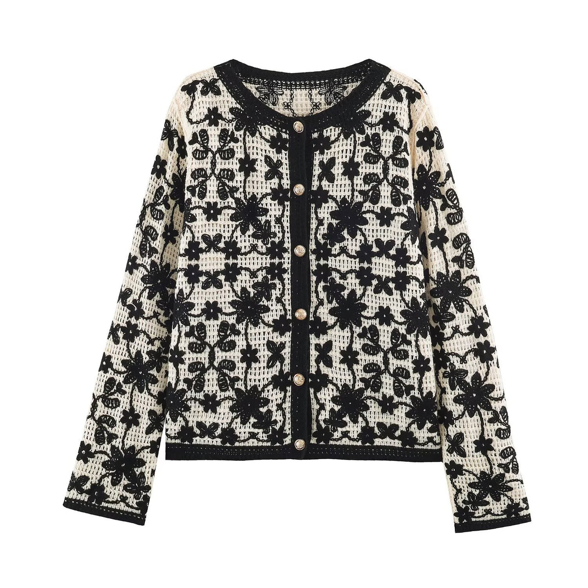 Women's Crocheted Boucle Cardigan with Three-Dimensional Flower Embroidery and Gold Accents EVA-US