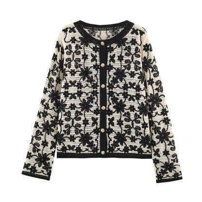 Women's Crocheted Boucle Cardigan with Three-Dimensional Flower Embroidery and Gold Accents EVA-US