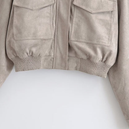 Ladies short blouson in field style made of suede-like material with stand-up collar, shoulder straps and wide ribbed waistband EVA-US