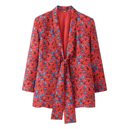 Women's Two-Piece Blazer and Flared Pants Set with Knot Detail EVA-US