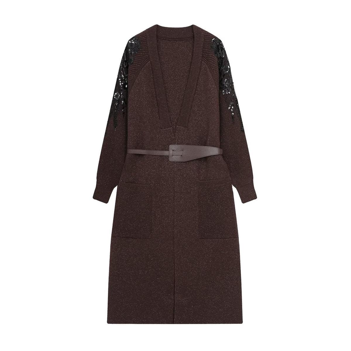 Women's knit midi dress with deep V-neck, waist belt, and sequin-adorned sleeves EVA-US