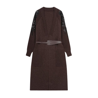 Women's knit midi dress with deep V-neck, waist belt, and sequin-adorned sleeves EVA-US
