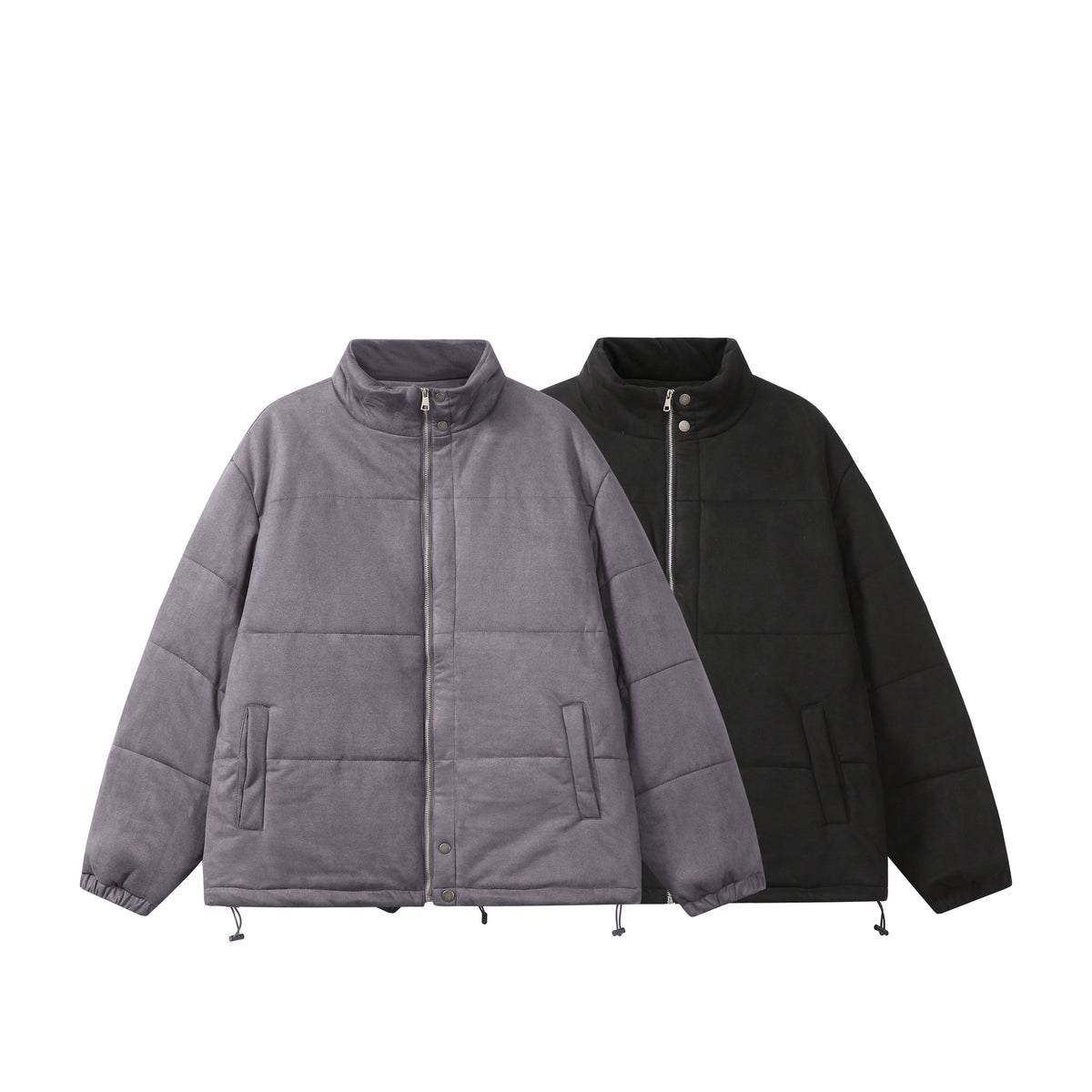 Unisex Boxy quilted jacket in velvet finish with high funnel collar and adjustable hem EVA-US