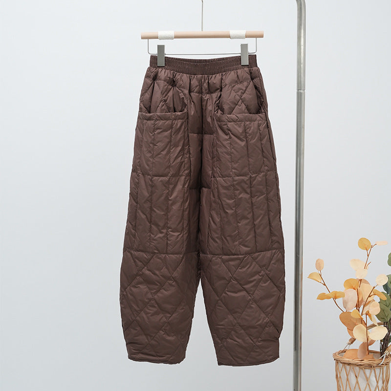 Women's Quilted Oversized Padded Pants with Elastic Waistband and Large Patch Pockets EVA-US