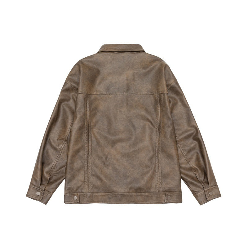 Men's loosely cut overshirt in vintage leather look with snap button front and breast flap EVA-US