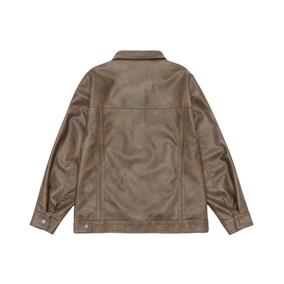 Men's loosely cut overshirt in vintage leather look with snap button front and breast flap EVA-US