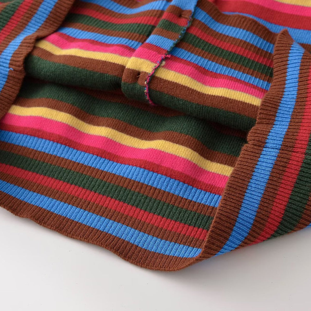 Women's finely knitted round neck cardigan with colorful stripes and mother-of-pearl buttons EVA-US