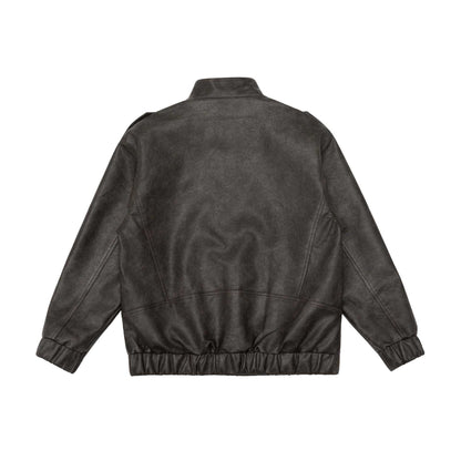 Men's leather bomber jacket with funnel collar and shoulder epaulettes EVA-US