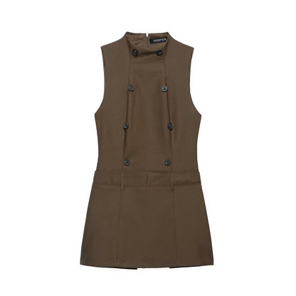 Women’s Sleeveless Pinafore Dress with Double-Breasted Button Placket and Tailored Fit EVA-US