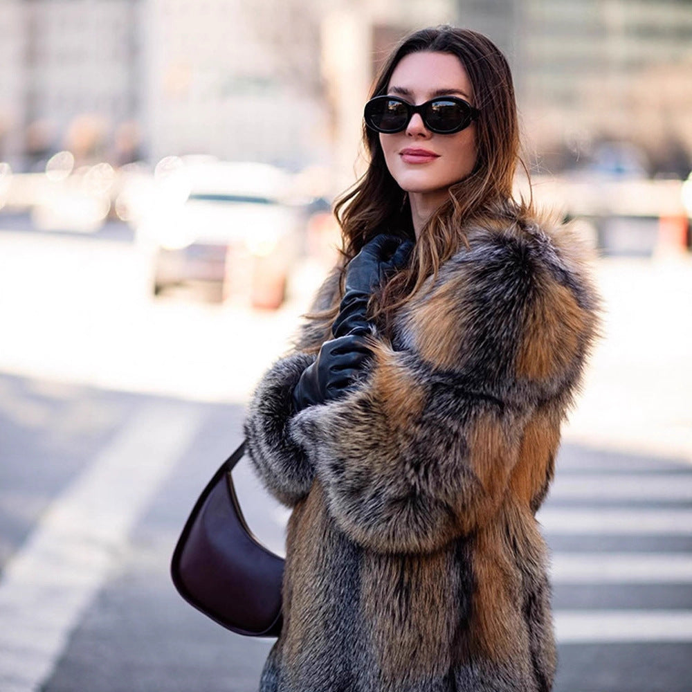 Women short cut oversized faux fur coat with voluminous shawl collar EVA-US