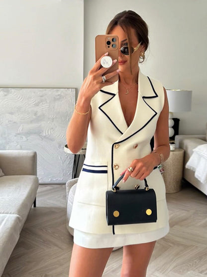 Women Double-Breasted Blazer Mini Dress with Contrast Piping EVA-US