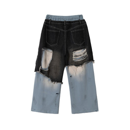 Unisex Patchwork Jeans Hybrid Pants in Oversized Cut with elastic waistband, destroy effects, and wide leg EVA-US