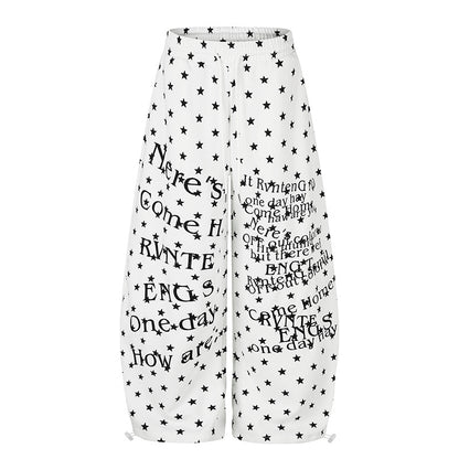Women's Wide Palazzo Lounge Pants with Allover Stars, Drawstring Waistband and Typographic Print EVA-US