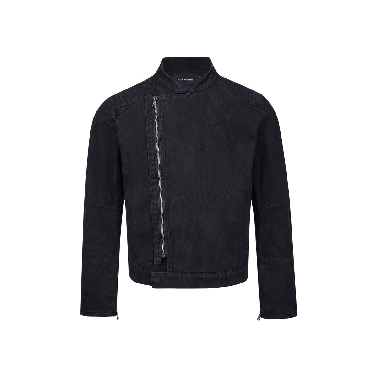 Men's short-cut asymmetric canvas biker jacket with funnel collar and zipper detail EVA-US