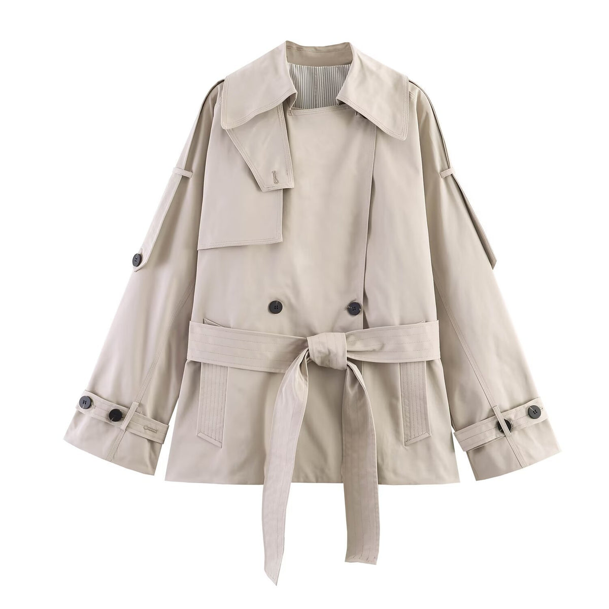 Women's Short Trench Coat with Waist Belt and Cape Detail EVA-US