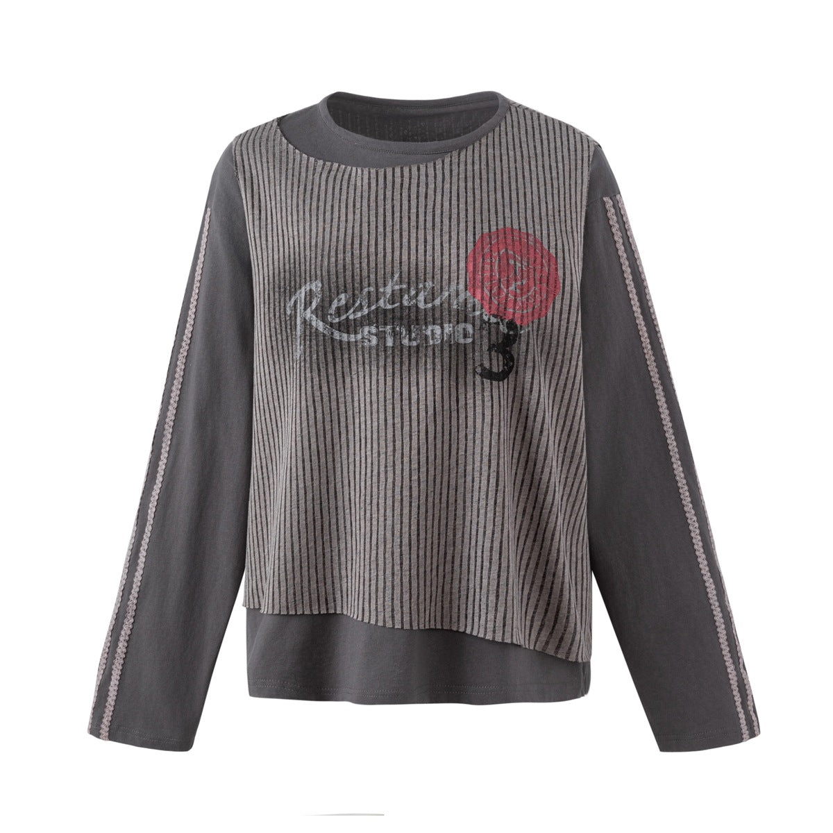 Women Layered Long Sleeve Shirt with Striped Front Panel and Lace Band EVA-US