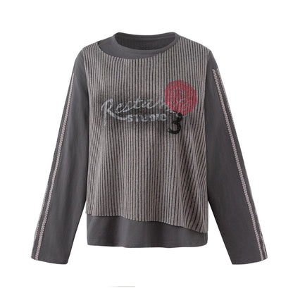 Women Layered Long Sleeve Shirt with Striped Front Panel and Lace Band EVA-US