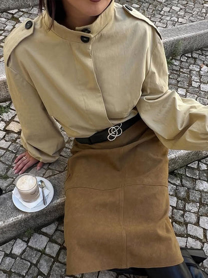 Women's Short Blouse-Trench with Stand-up Collar, Shoulder Patches and Balloon Sleeves EVA-US