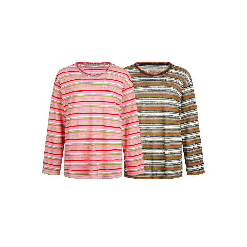 Women's Striped Fine Knit Long Sleeve Shirt in Relaxed Fit with Round Neck EVA-US