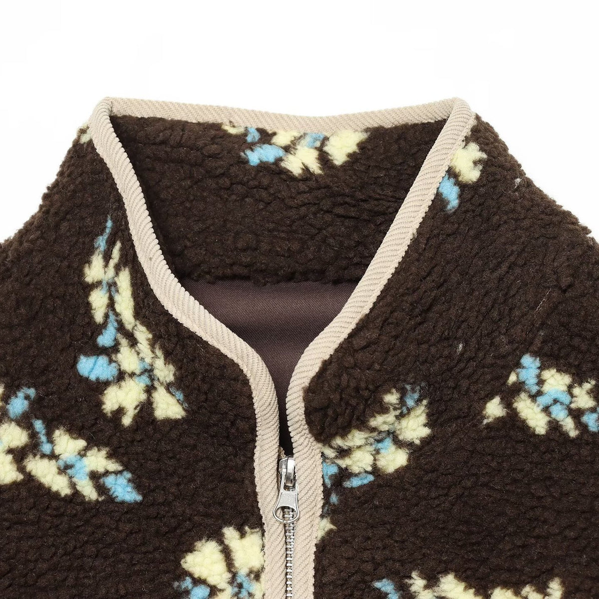 Women's teddy fleece jacket with floral allover pattern, stand-up collar and zipper EVA-US