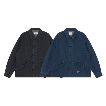 Men's short-cut denim chore jacket in boxy blouson style with Chinese toggle button placket EVA-US
