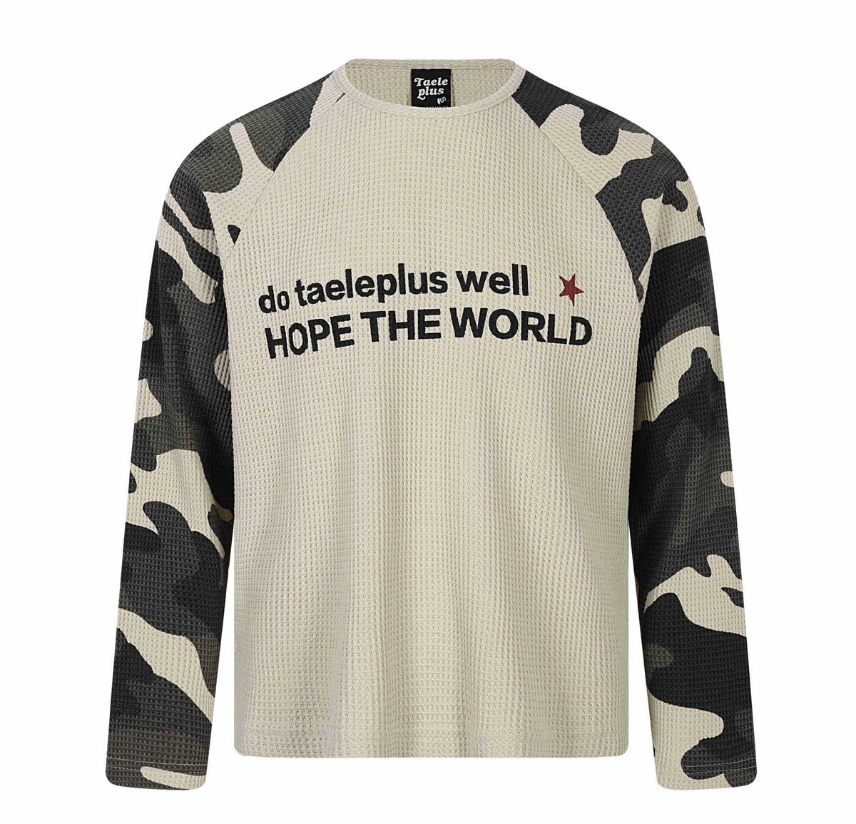 Unisex Waffle Knit Long Sleeve Shirt with Raglan Sleeves and Camouflage Details EVA-US