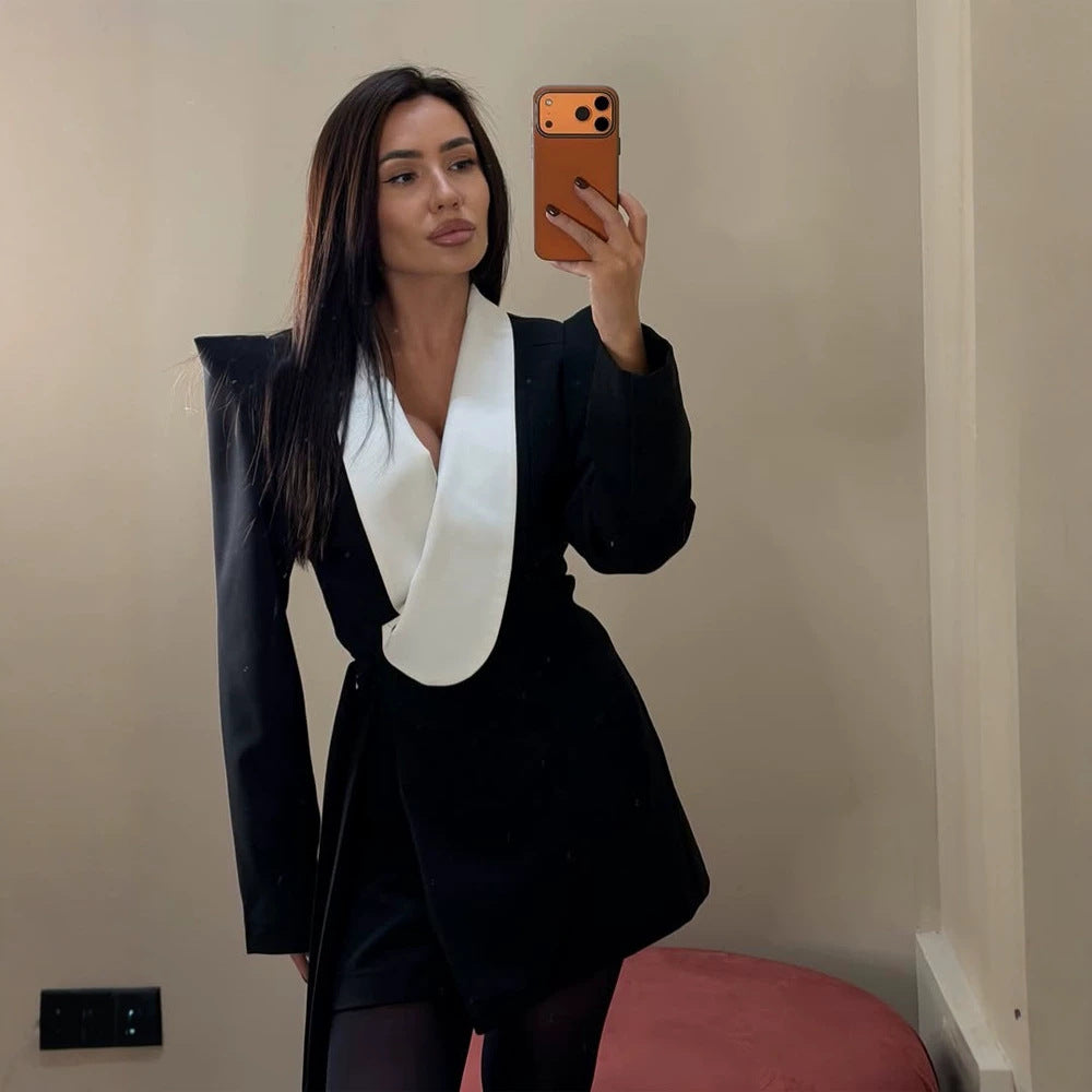 Women's Tailored Blazer Dress with Contrasting Shawl Collar and Structured Shoulders EVA-US
