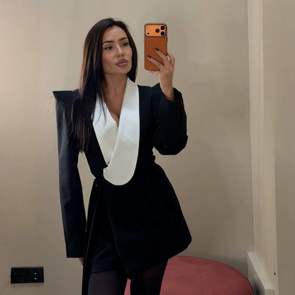 Women's Tailored Blazer Dress with Contrasting Shawl Collar and Structured Shoulders EVA-US