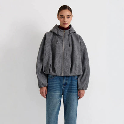 Women’s short jacket made of wool blend with hood, boxy silhouette & gathered hem EVA-US